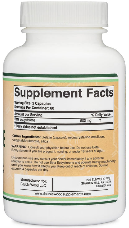 Double Wood Beta Ecdysterone Supplement - 500mg per Serving, 60 Servings, Non-GMO & Gluten Free