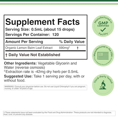 Organic Lemon Balm Tincture 590mg – Digestion & Relaxation, 2 oz | 120 Servings