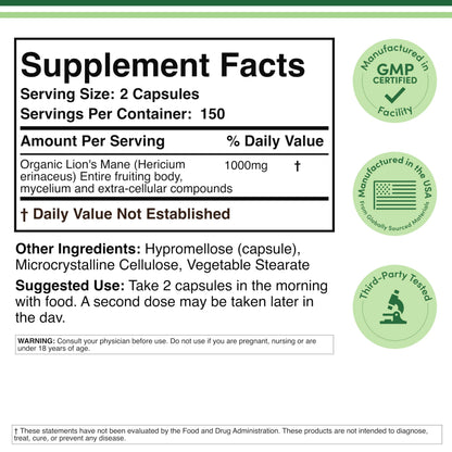 Double Wood Organic Lions Mane Capsules (300 ct) – Focus & Immune Support, USA-Grown