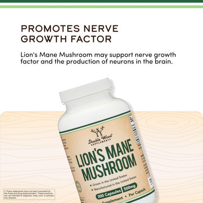 Double Wood Organic Lions Mane Capsules (300 ct) – Focus & Immune Support, USA-Grown
