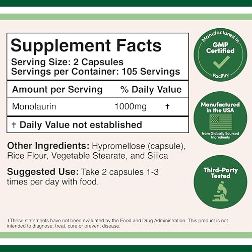 Double Wood Monolaurin Immune Support – 1,000mg per Serving, 210 Capsules (Vegan, Non-GMO, Gluten Free) – Pack of 2