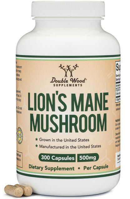 Double Wood Organic Lions Mane Capsules (300 ct) – Focus & Immune Support, USA-Grown