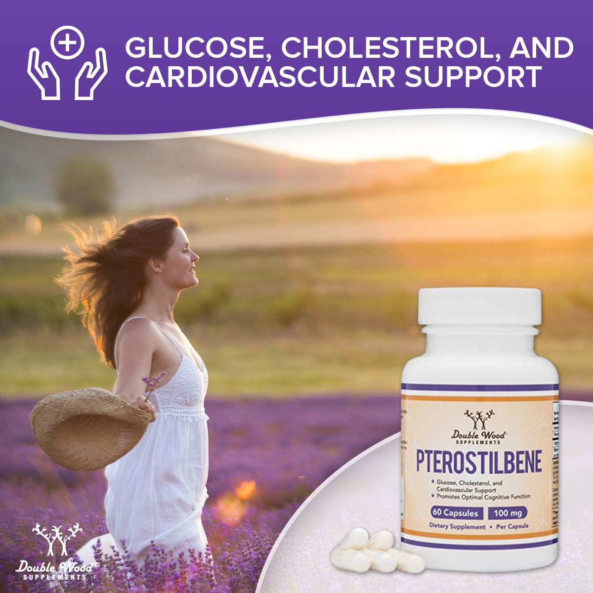 Double Wood Pterostilbene 100mg Capsules – 60 Count Pack of 2 | Third-Party Tested, Non-GMO, Gluten Free