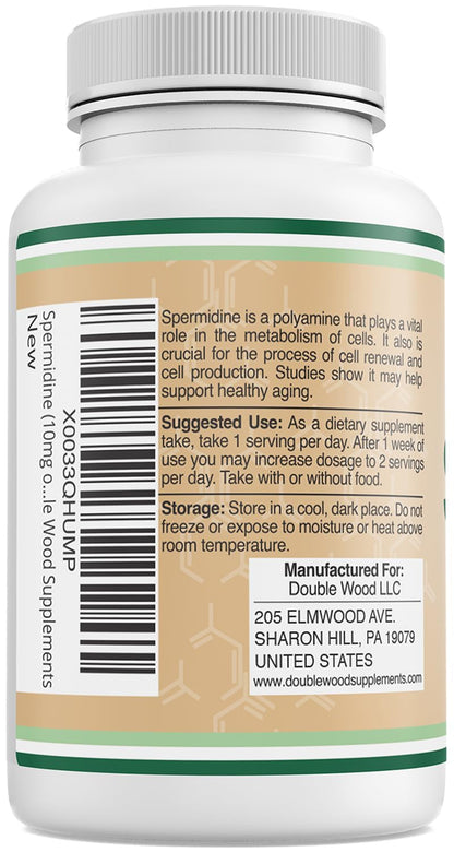 Double Wood Spermidine Supplement 10 mg (99% Spermidine 3HCl) – 120 Capsules – Third-Party Tested
