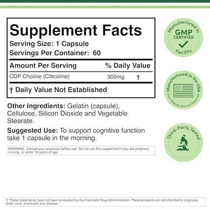 Double Wood Supplements CDP Choline (Citicoline) – Pharmaceutical Grade, Third-Party Tested, 60 Capsules per Bottle, Pack of 2