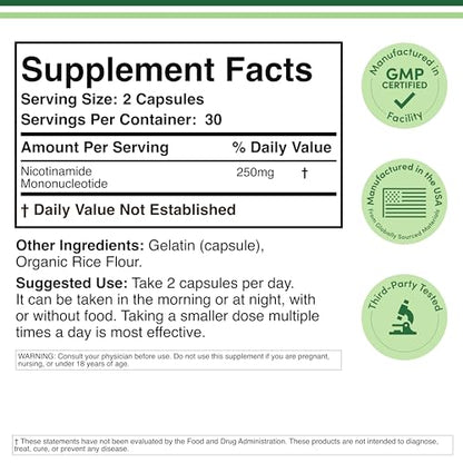 Double Wood NMN 250mg – 60 Capsules, 30 Servings, Gluten Free