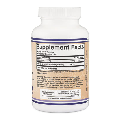 Double Wood Supplements HMB Supplement – 120 Capsules, Pack of 2, 1000 mg per Serving, Gluten Free, Non-GMO, Third-Party Tested