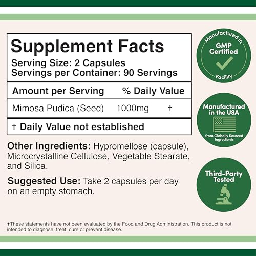 Double Wood Mimosa Pudica Seed Capsules 1000mg – Digestive Support – Pack of 2 (360 Capsules)