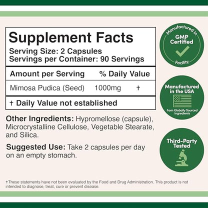 Double Wood Mimosa Pudica Seed Capsules 1000mg – Digestive Support – Pack of 2 (360 Capsules)