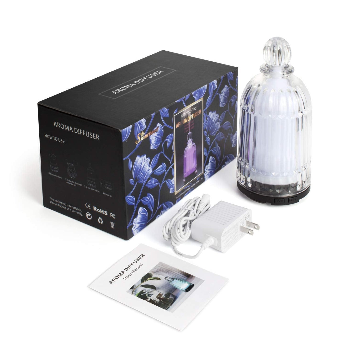 DOUDING Glass Essential Oil Diffuser – 120ml, 7-Color LED, Auto Shut-Off