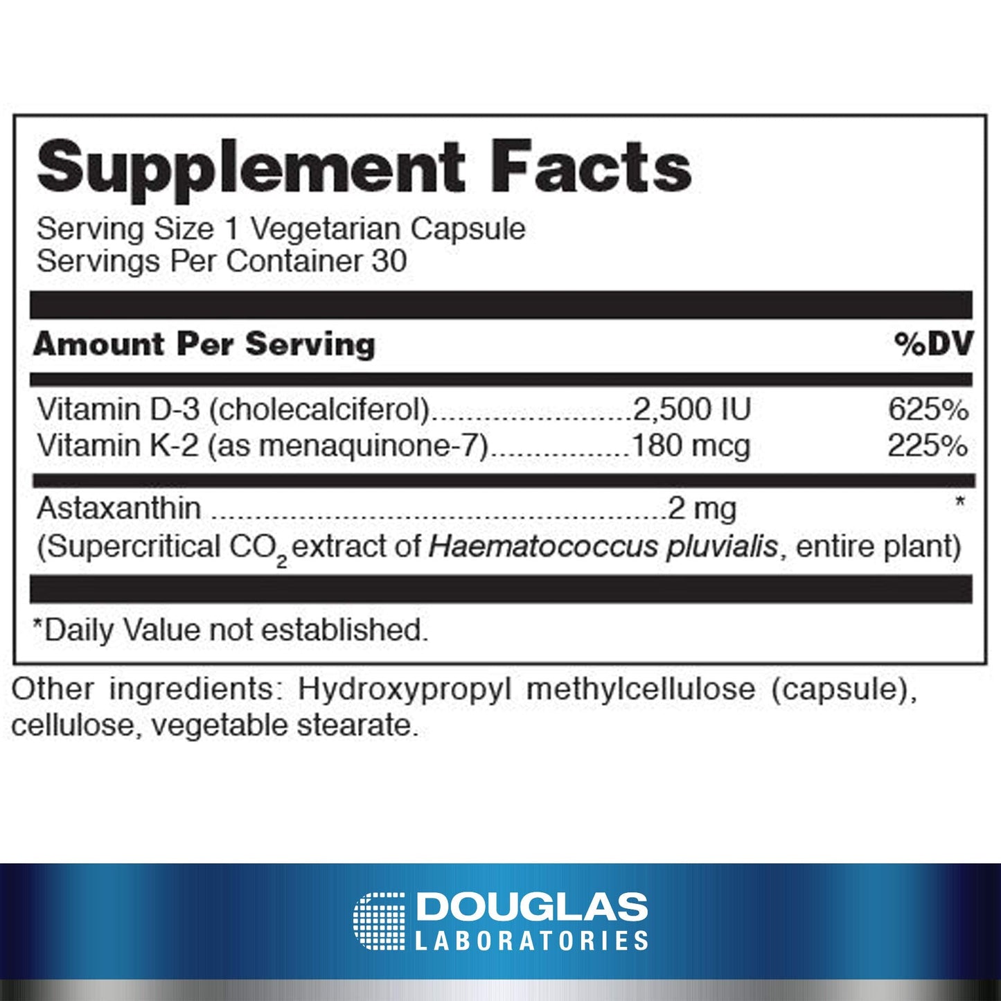 Douglas Laboratories K2-D3 with Astaxanthin - Vitamin D3 (2500 IU) + MK-7 (180 mcg) + Astaxanthin - 30 Vegetarian Capsules