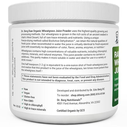 Dr. Berg USDA Organic Green Powder Superfood – Lemon Flavor, 60 Servings