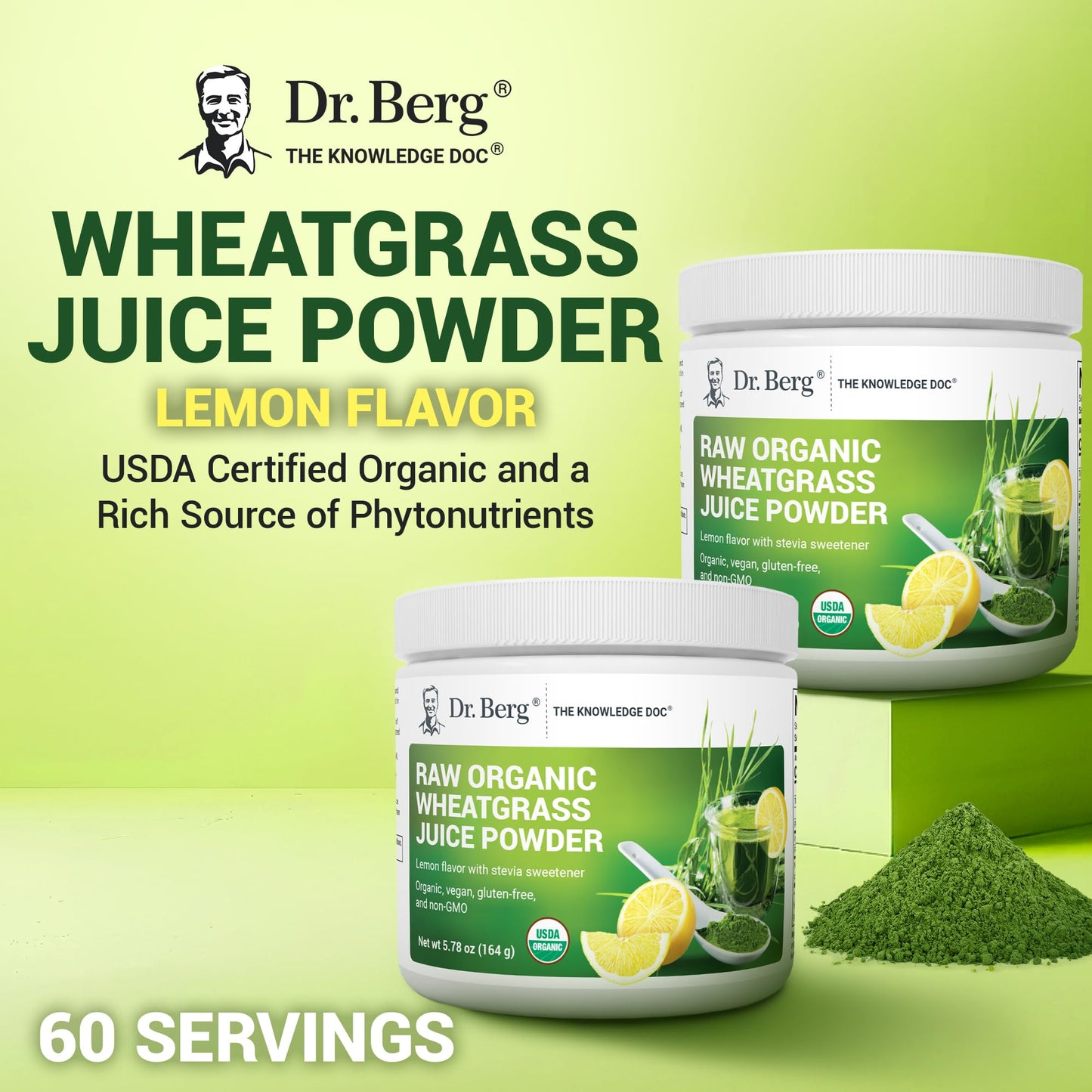 Dr. Berg USDA Organic Green Powder Superfood – Lemon Flavor, 60 Servings