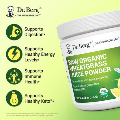 Dr. Berg USDA Organic Green Powder Superfood – Lemon Flavor, 60 Servings