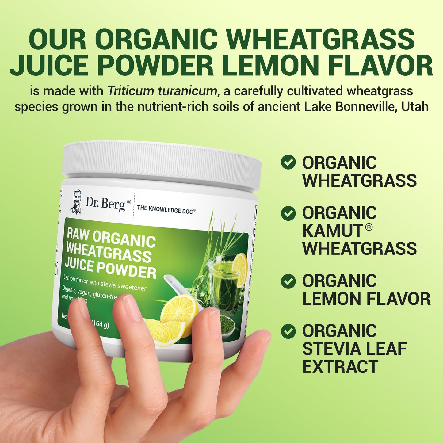 Dr. Berg USDA Organic Green Powder Superfood – Lemon Flavor, 60 Servings