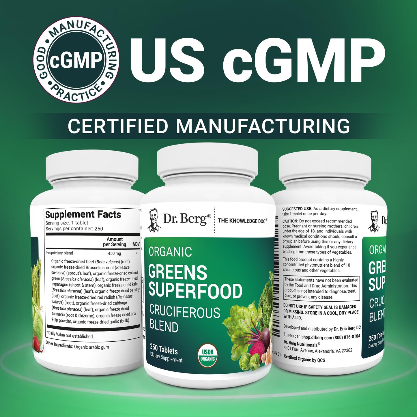 Dr Berg Nutritionals Greens Superfood Tablets – 11 Phytonutrient Cruciferous Veg, 250 Tablets