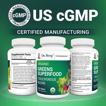 Dr Berg Nutritionals Greens Superfood Tablets – 11 Phytonutrient Cruciferous Veg, 250 Tablets