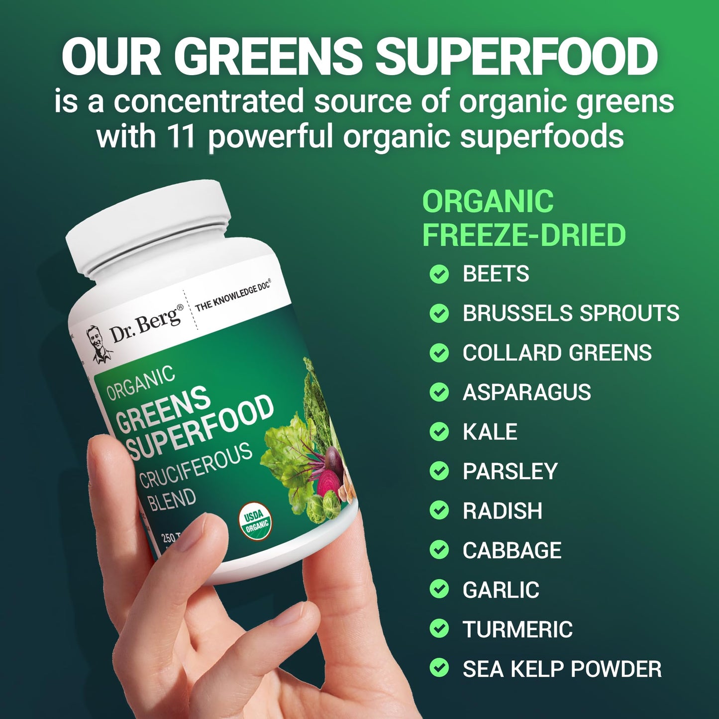 Dr Berg Nutritionals Greens Superfood Tablets – 11 Phytonutrient Cruciferous Veg, 250 Tablets