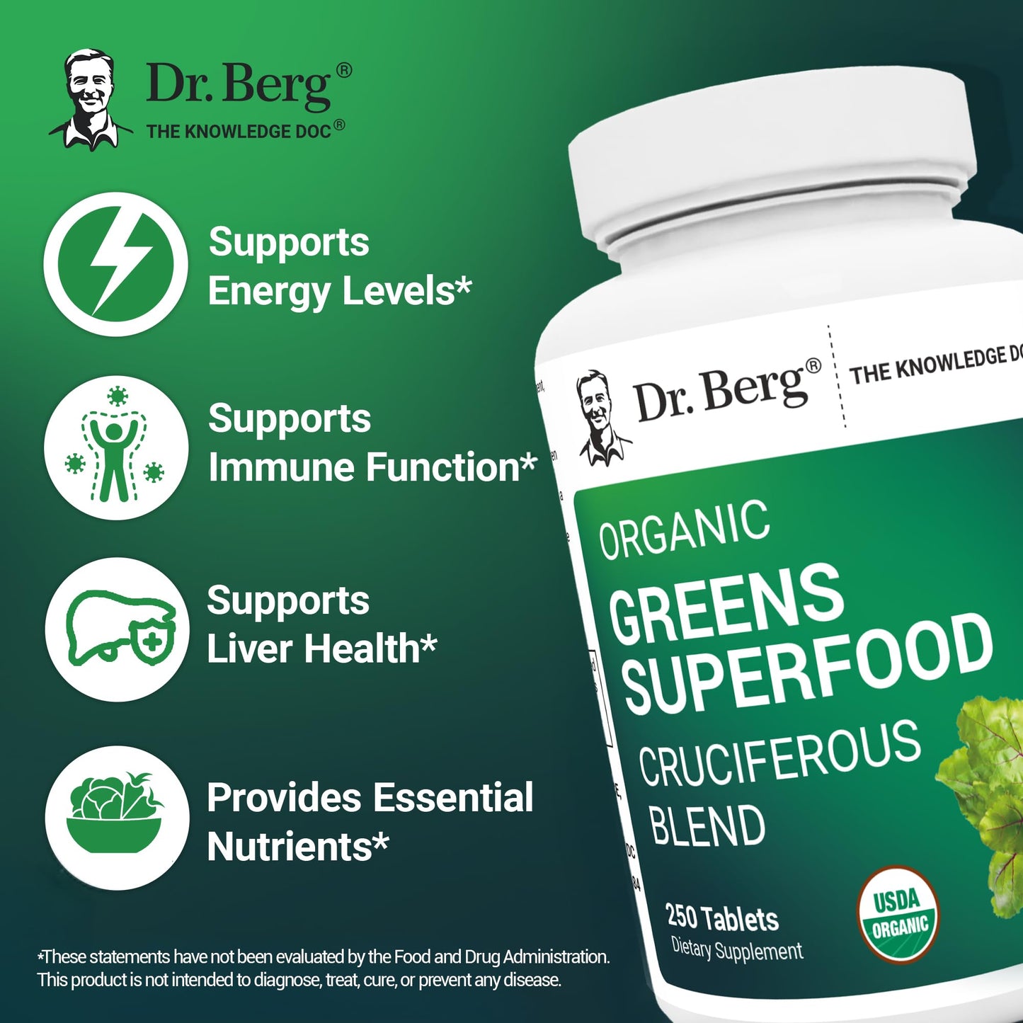 Dr Berg Nutritionals Greens Superfood Tablets – 11 Phytonutrient Cruciferous Veg, 250 Tablets