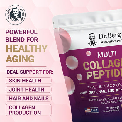 Dr. Berg Multi Collagen Peptides Powder Types I-V – Unflavored, 14 g Protein, 25 Servings