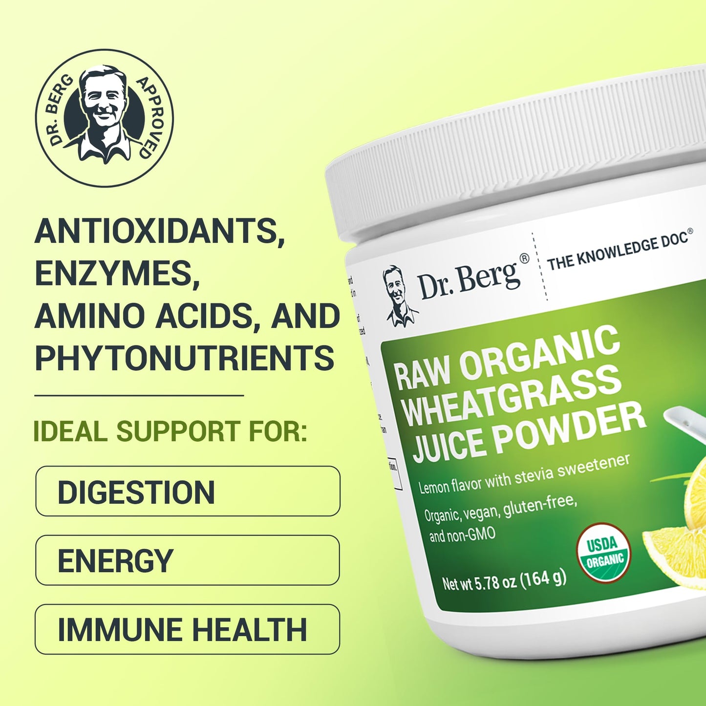 Dr. Berg USDA Organic Green Powder Superfood – Lemon Flavor, 60 Servings