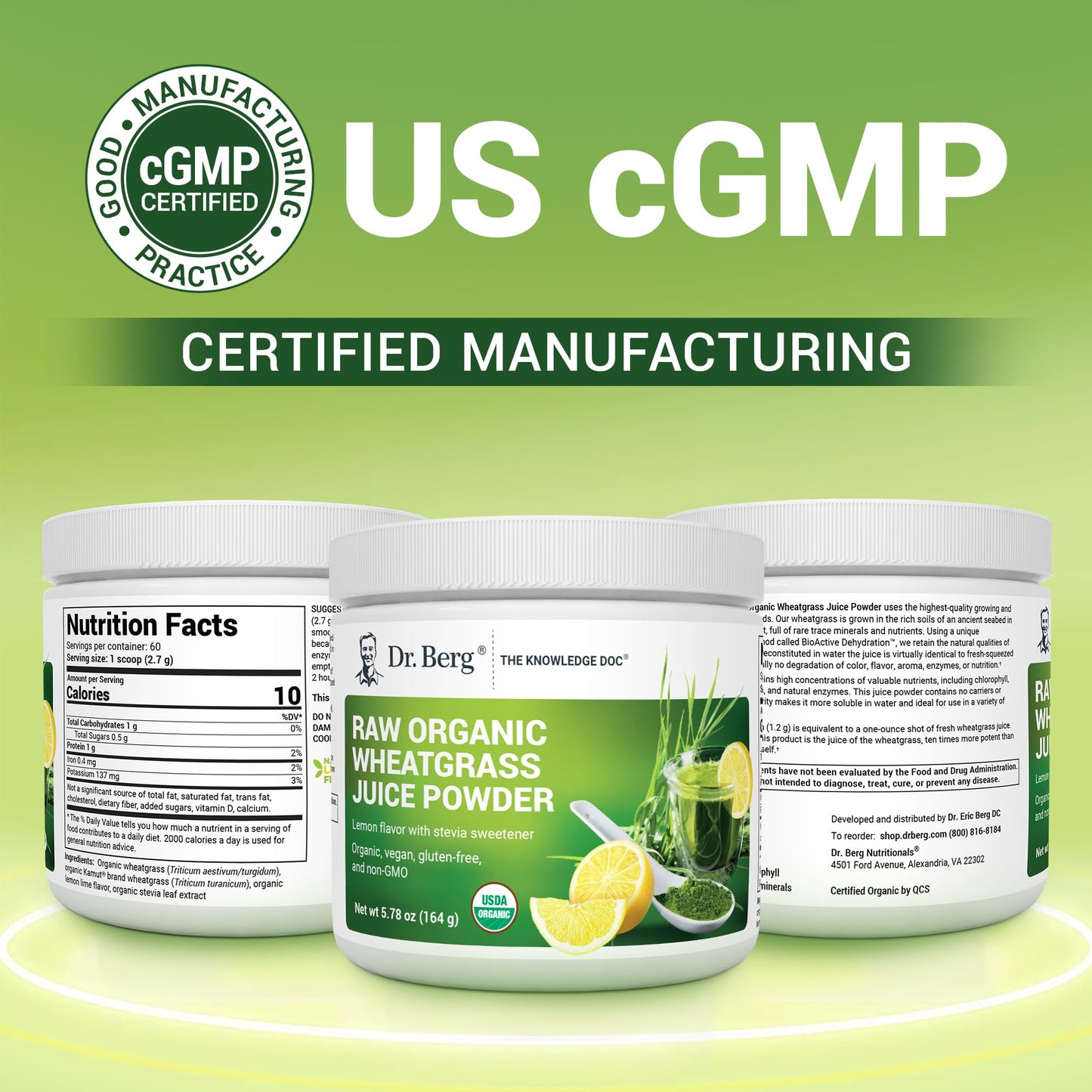 Dr. Berg USDA Organic Green Powder Superfood – Lemon Flavor, 60 Servings
