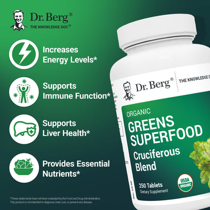 Dr Berg Nutritionals Greens Superfood Tablets – 11 Phytonutrient Cruciferous Veg, 250 Tablets
