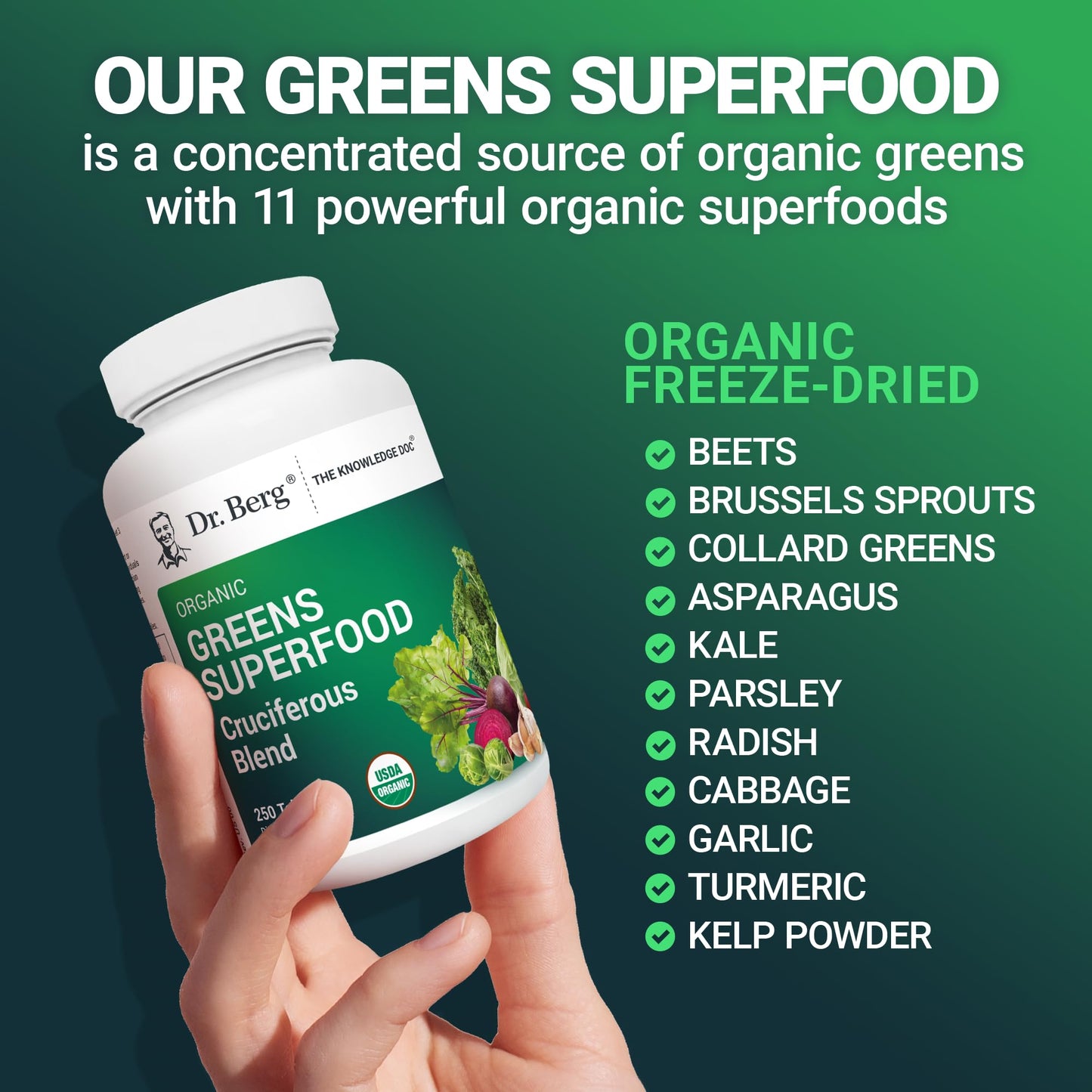 Dr Berg Nutritionals Greens Superfood Tablets – 11 Phytonutrient Cruciferous Veg, 250 Tablets