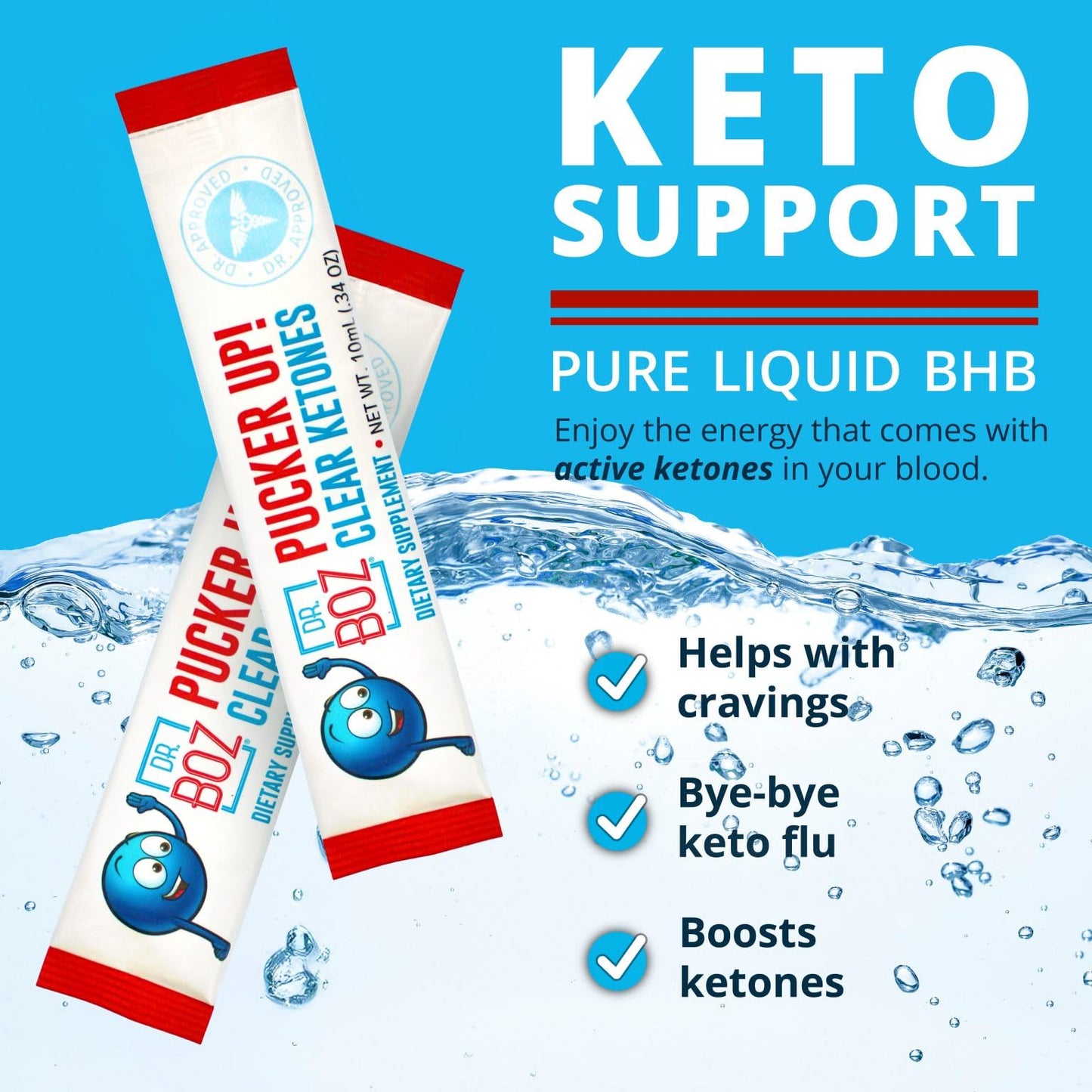 Dr. Boz Pucker UP! Clear Ketones – 20 Packets | Fast-Acting Liquid BHB for Energy & Clarity, Made in USA