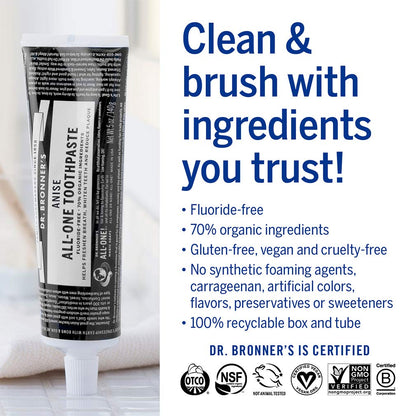 Dr. Bronner's All-One Toothpaste (Anise, 5 oz) - 70% Organic Ingredients, Fluoride-Free, SLS-Free, Vegan