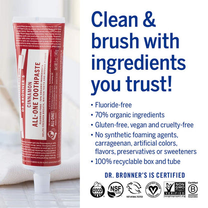 Dr. Bronner’s All-One Toothpaste Cinnamon – 70% Organic, Fluoride & SLS Free, Vegan