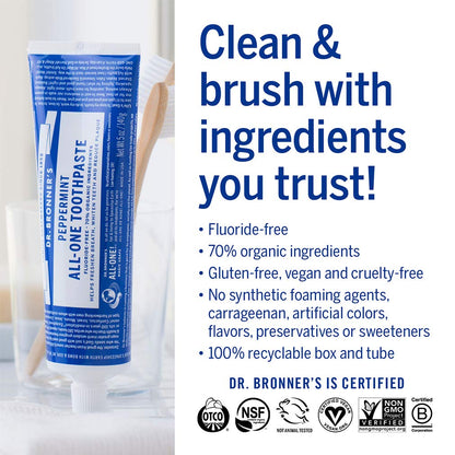 Dr. Bronner’s All-One Toothpaste - Peppermint, 5 oz | 70% Organic, Fluoride-Free, SLS-Free, Vegan