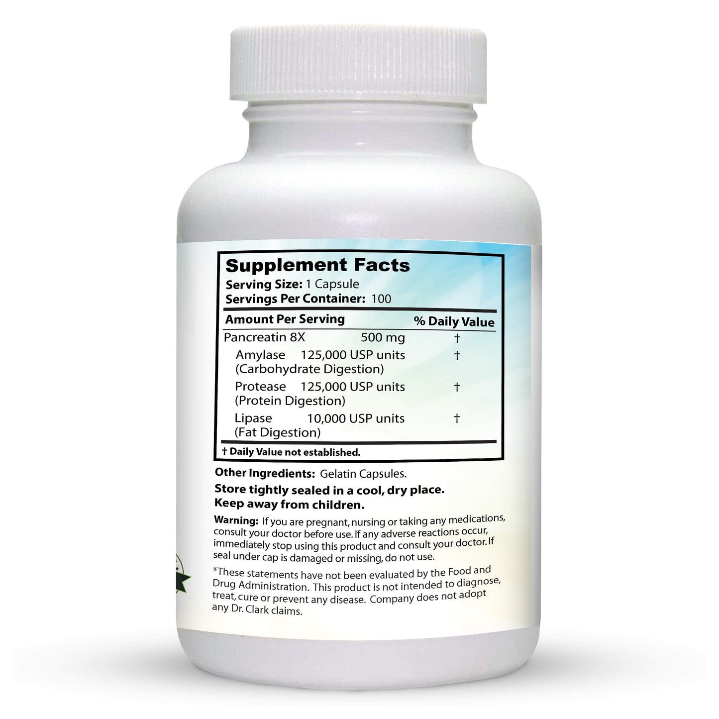 Dr. Clark Pancreatin 8X Enzyme Supplement 500mg – Digestive Enzymes for Protein, Fat & Carbs Support | 100 Gelatin Capsules