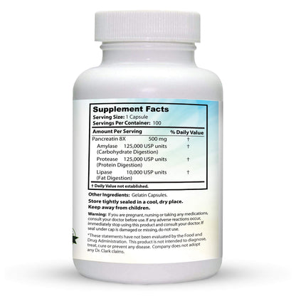 Dr. Clark Pancreatin 8X Enzyme Supplement 500mg – Digestive Enzymes for Protein, Fat & Carbs Support | 100 Gelatin Capsules