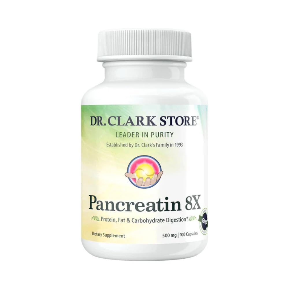 Dr. Clark Pancreatin 8X Enzyme Supplement 500mg – Digestive Enzymes for Protein, Fat & Carbs Support | 100 Gelatin Capsules