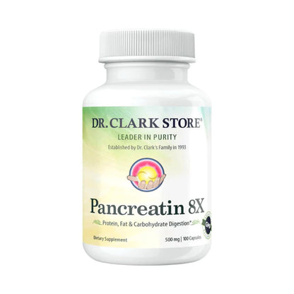 Dr. Clark Pancreatin 8X Enzyme Supplement 500mg – Digestive Enzymes for Protein, Fat & Carbs Support | 100 Gelatin Capsules