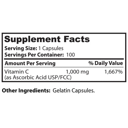 Dr Clark Vitamin C Supplement 1000mg - Gluten Free, Immunity Support, Potent Antioxidant, Brain Function & Tissue Repair, 100 Gelatin Capsules