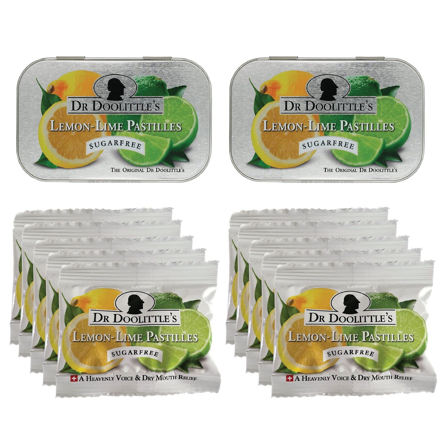 Dr Doolittle's Sugar Free Soft Fruit Pastilles - Lemon Lime for Voice & Throat - Multipack Tin & Travel Size