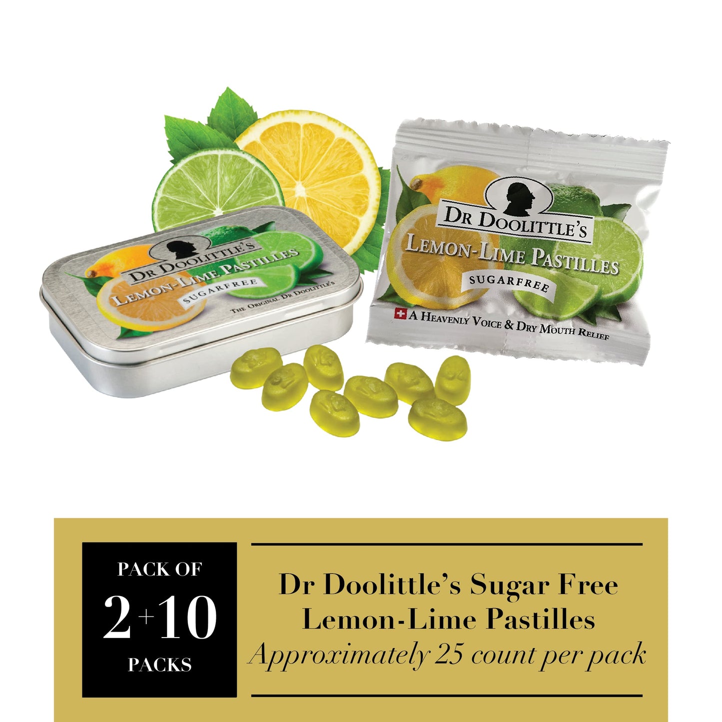 Dr Doolittle's Sugar Free Soft Fruit Pastilles - Lemon Lime for Voice & Throat - Multipack Tin & Travel Size