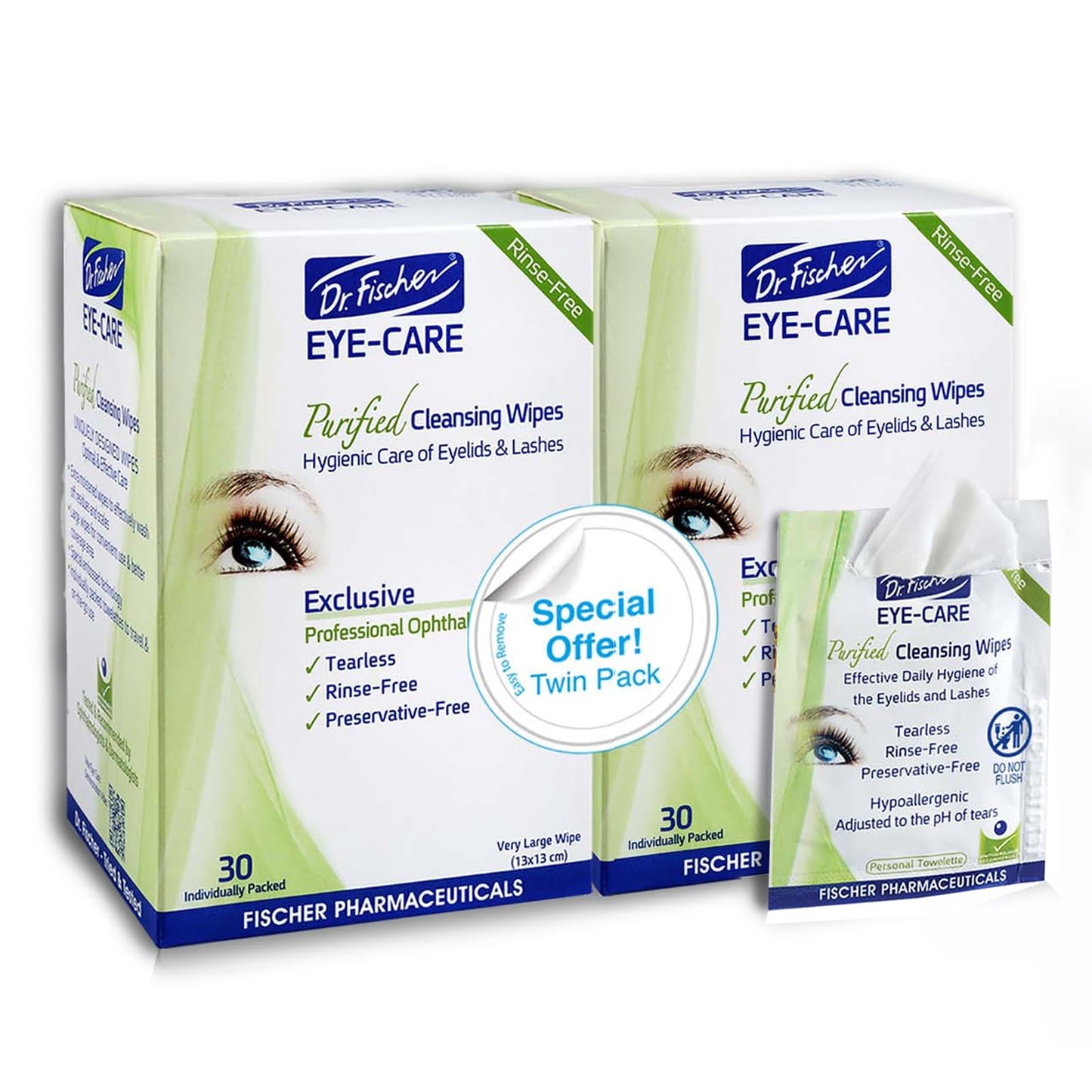 Dr. Fischer Eyelid Wipes – Hypoallergenic, Preservative-Free Eye Cleaning Wipes (Twin Pack)