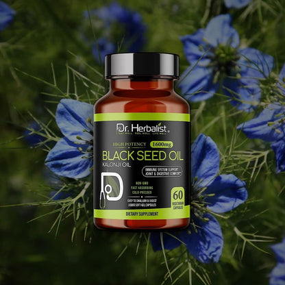Dr. HERBALIST Black Seed Oil Capsules - 120 Count, 1600mg Per Serving | Organic Cold-Pressed Nigella Sativa