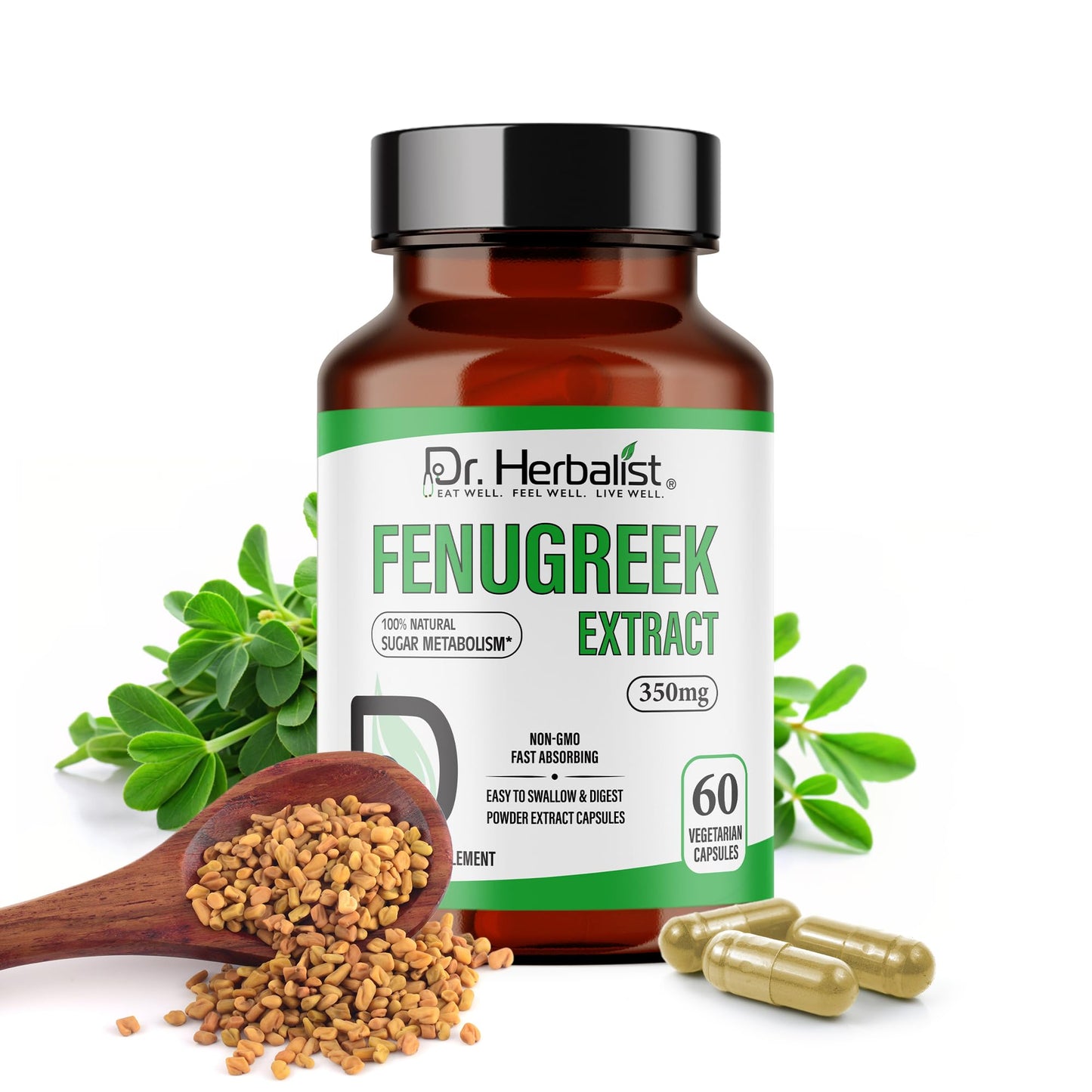 Dr. Herbalist Fenugreek Extract 350mg - 60 Capsules | Non-GMO | Fast-Absorbing | Vegetarian