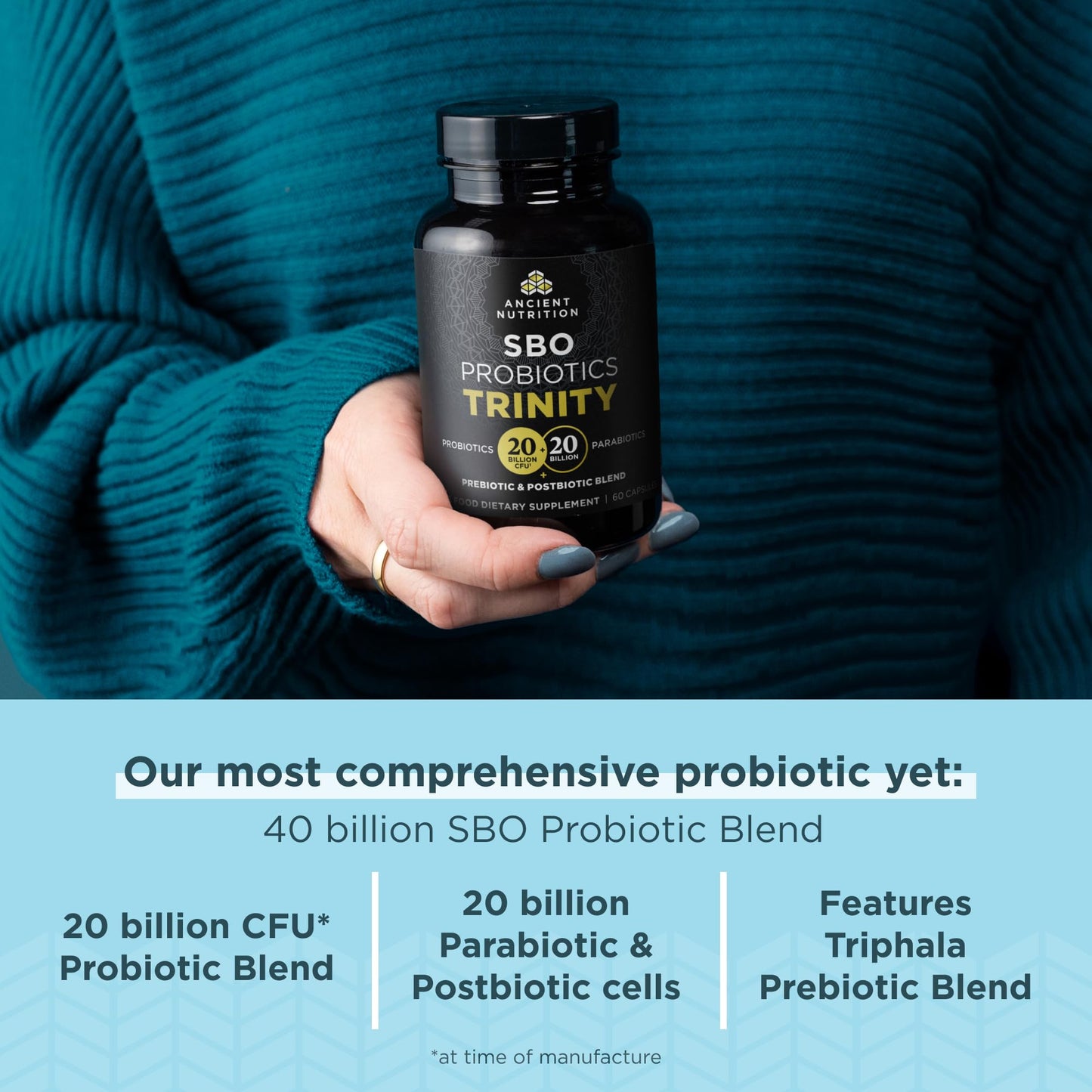 Ancient Nutrition SBO Probiotic Trinity Daily Care — 40 Billion CFU, 60 Count
