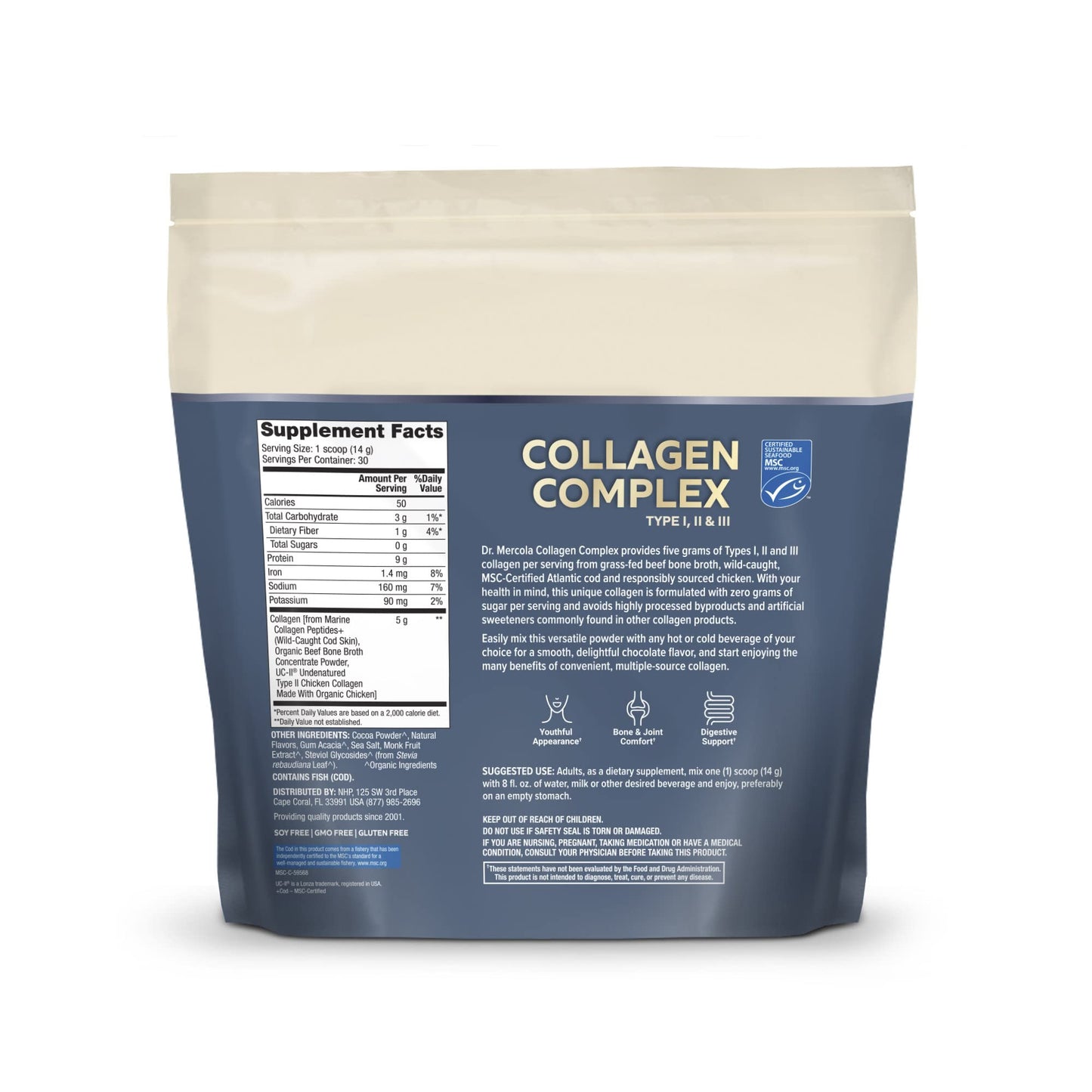 Dr. Mercola Collagen Complex Powder – Skin Elasticity & Joint Support – 10.89 oz (30 Servings) – Chocolate
