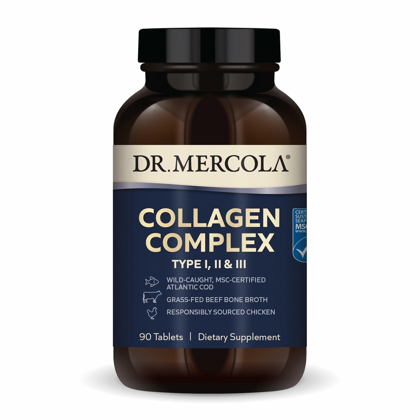 Dr. Mercola Collagen Complex – Multi-Source Type I, II & III for Skin & Connective Tissue – Non-GMO, Gluten-Free, Soy-Free – 90 Tablets