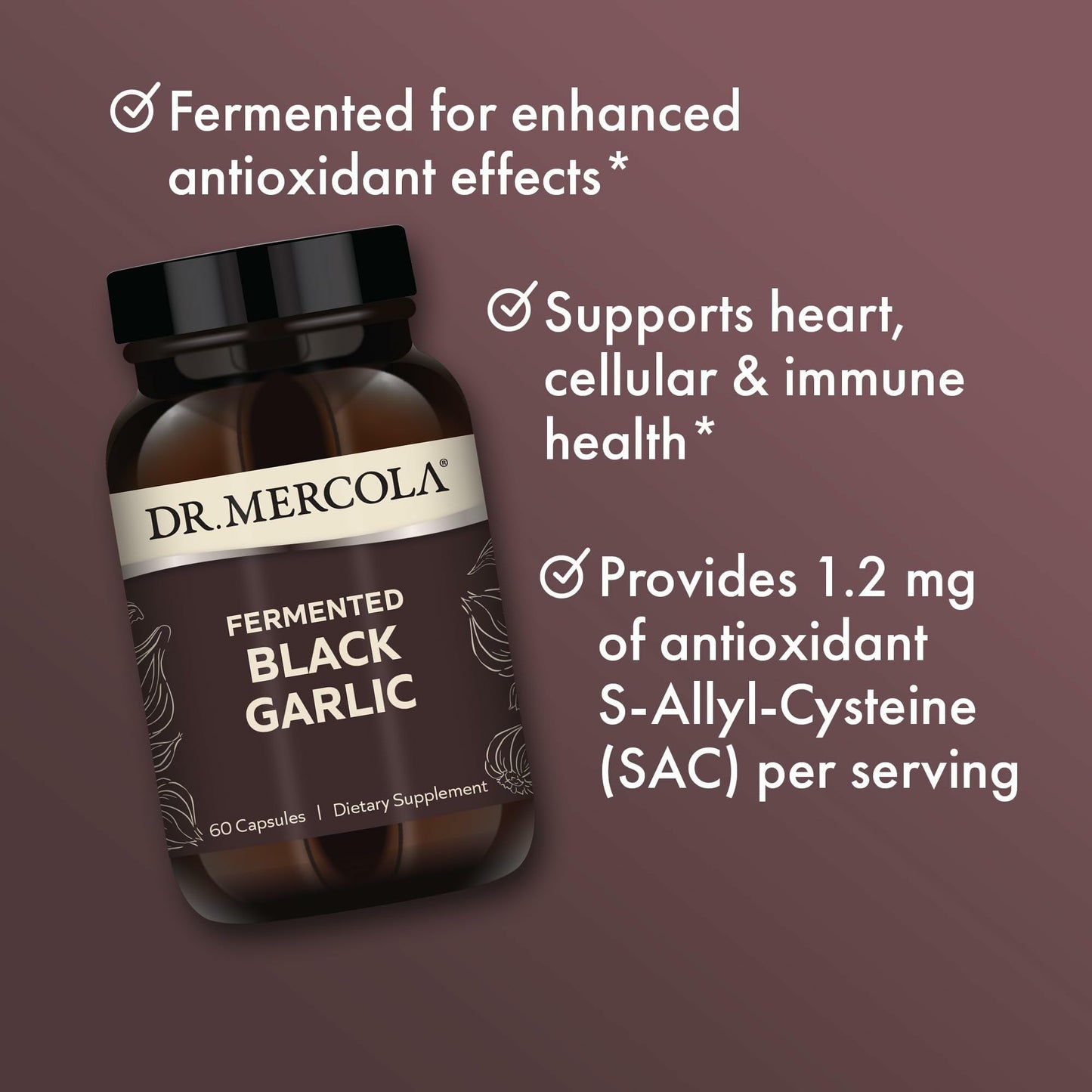 Dr. Mercola Fermented Black Garlic, 90 Servings (180 Capsules) – Immune Support, Non-GMO