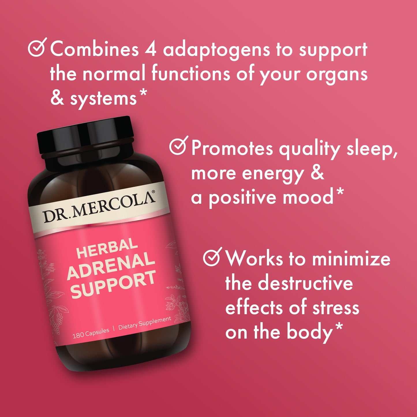 Dr. Mercola Herbal Adrenal Support - 90 Servings (180 Capsules) | Mood & Stress Management, Non-GMO