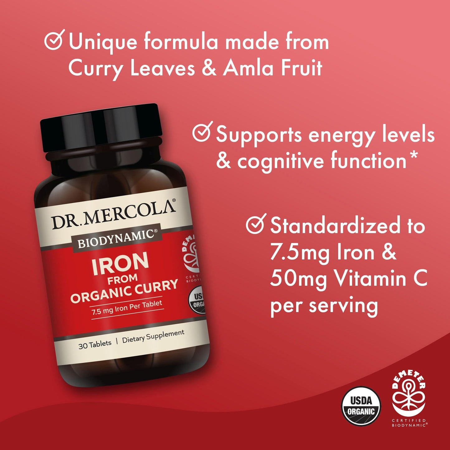 Dr. Mercola Iron from Organic Curry – 2 Pack, 30 Servings, 7.5 mg Iron | USDA Organic, Non-GMO