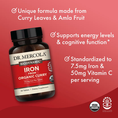 Dr. Mercola Iron from Organic Curry – 2 Pack, 30 Servings, 7.5 mg Iron | USDA Organic, Non-GMO