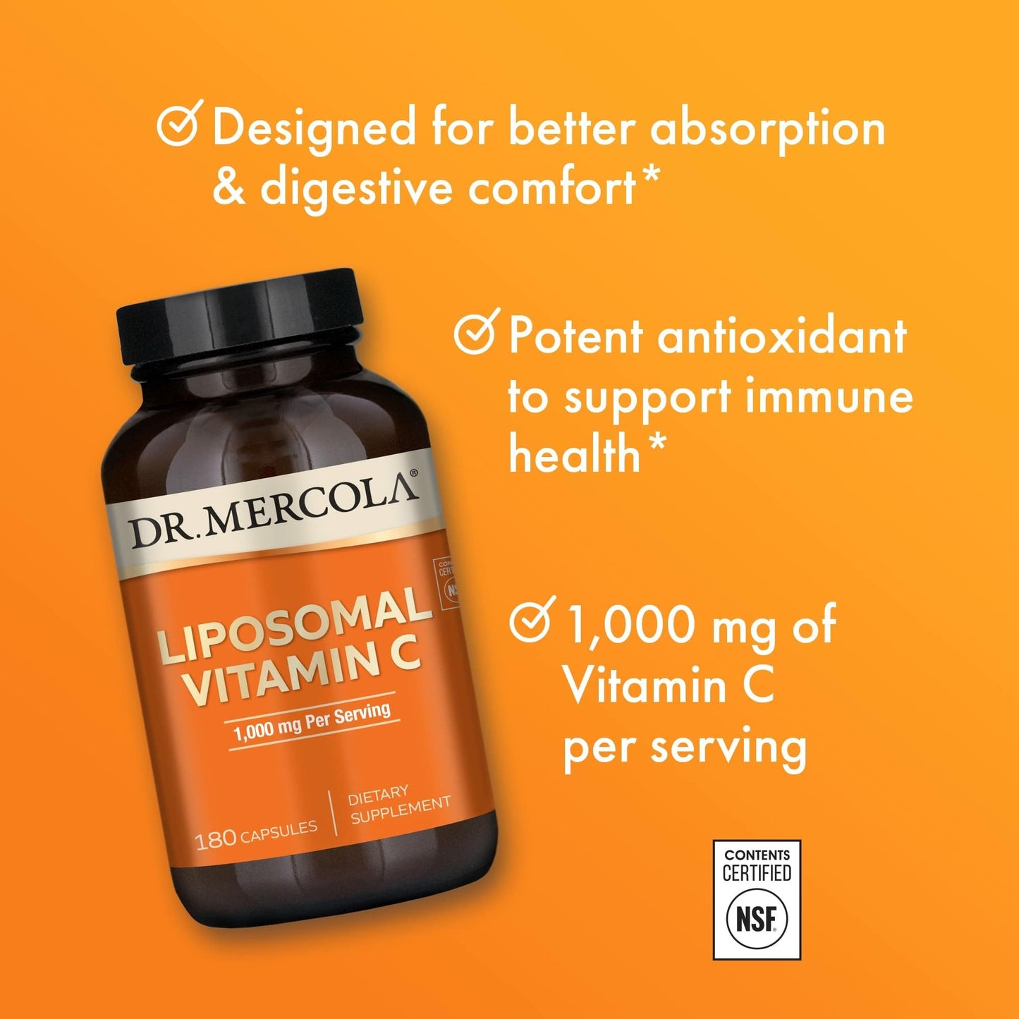 Dr. Mercola Liposomal Vitamin C - 1,000 mg Bioavailable Vitamin C - Immune, Brain, Heart & Eye Support - 180 Capsules
